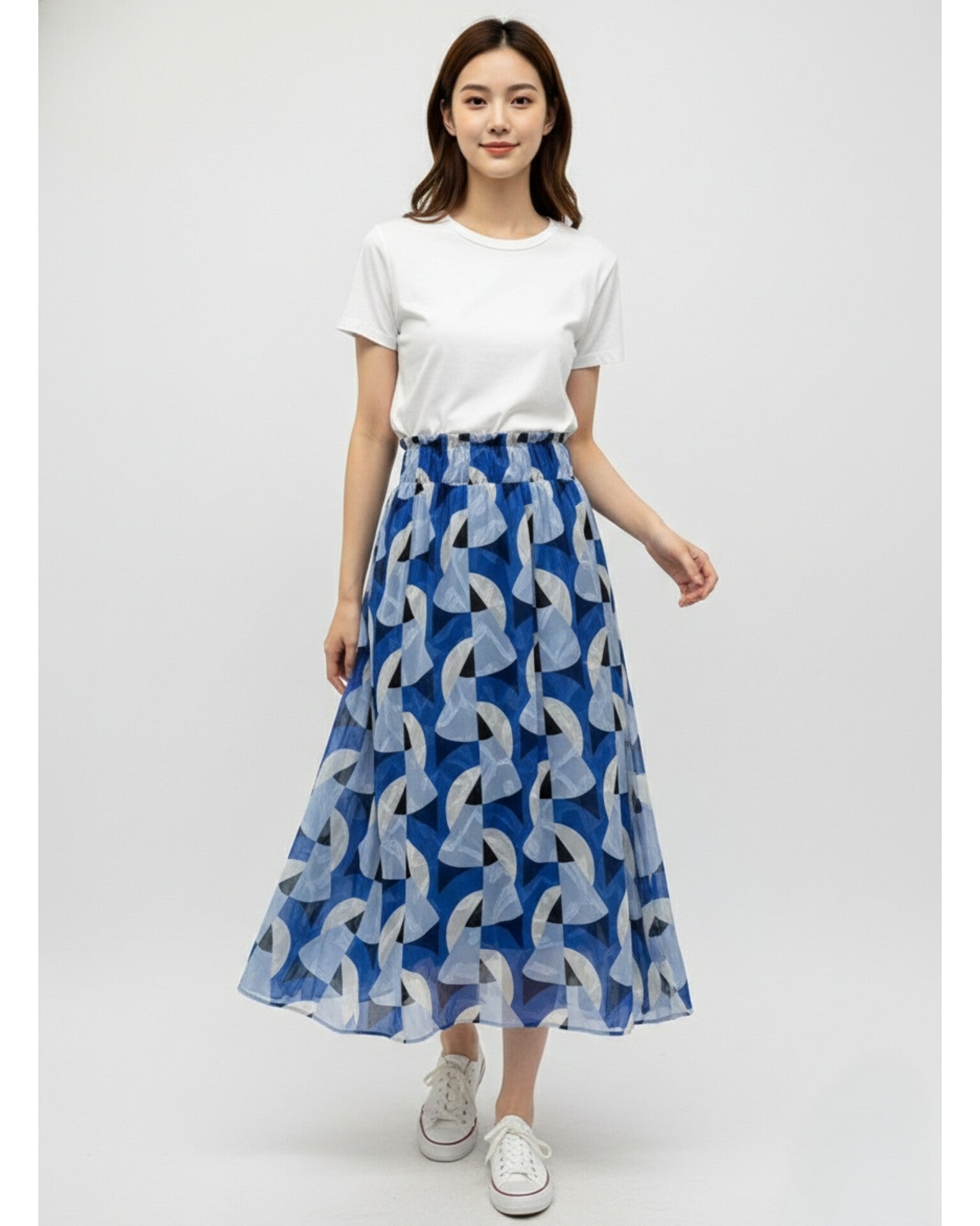 カットジャガード 幾何学アートプリント フレアロングスカート