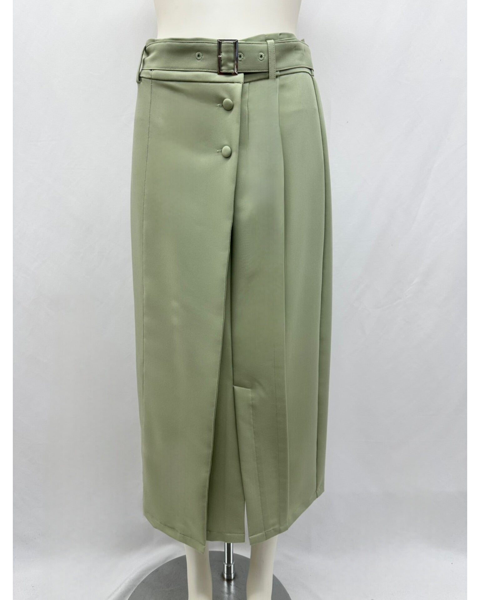 ベルト付き ラップ風フロントボタン ロングスカート