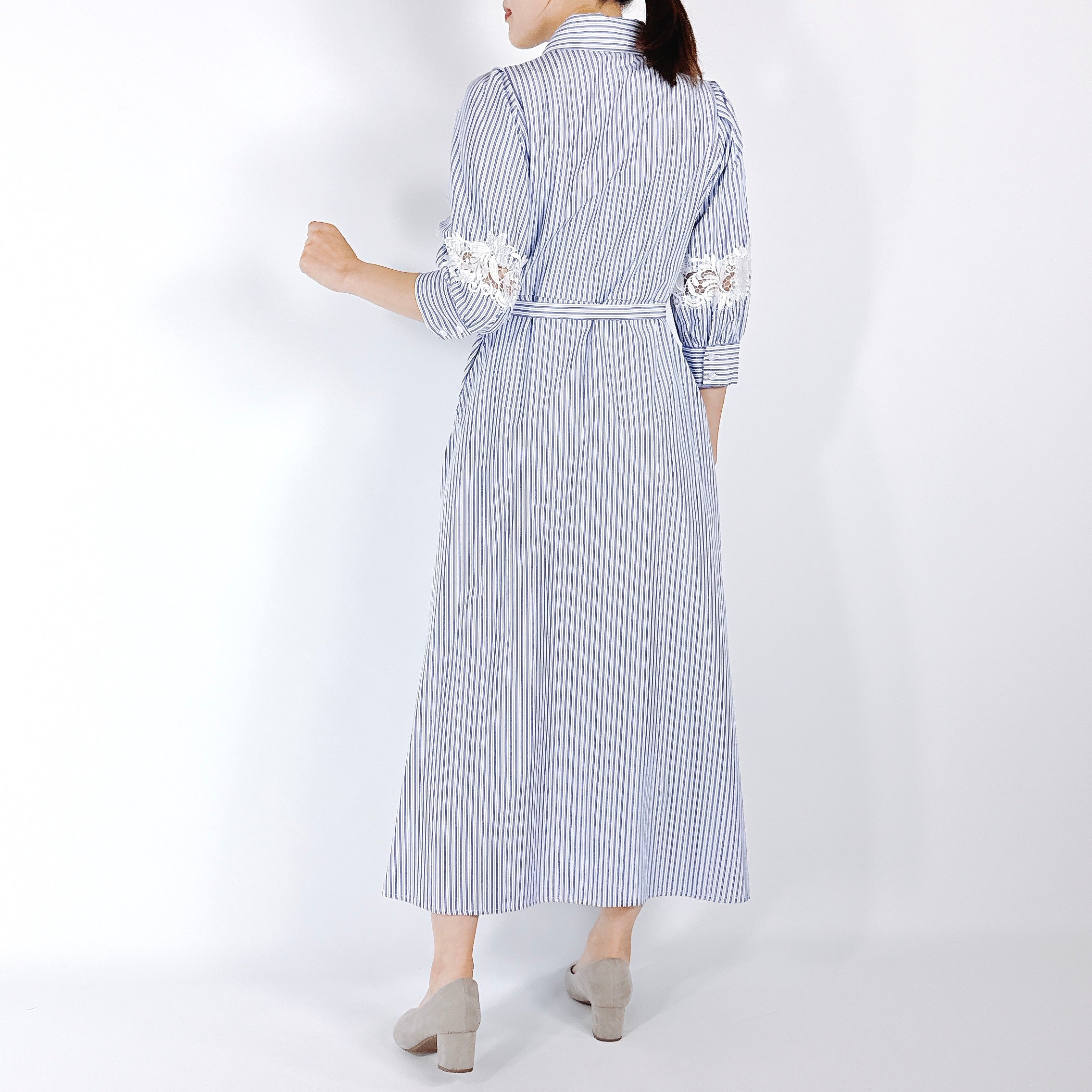 袖レース切替 ストライプ シャツワンピース