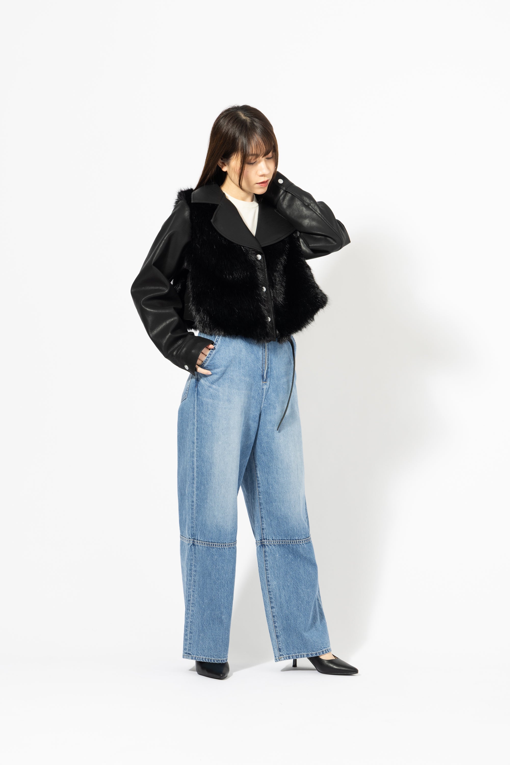 フェイクファー×フェイクレザー 異素材コンビジャケット