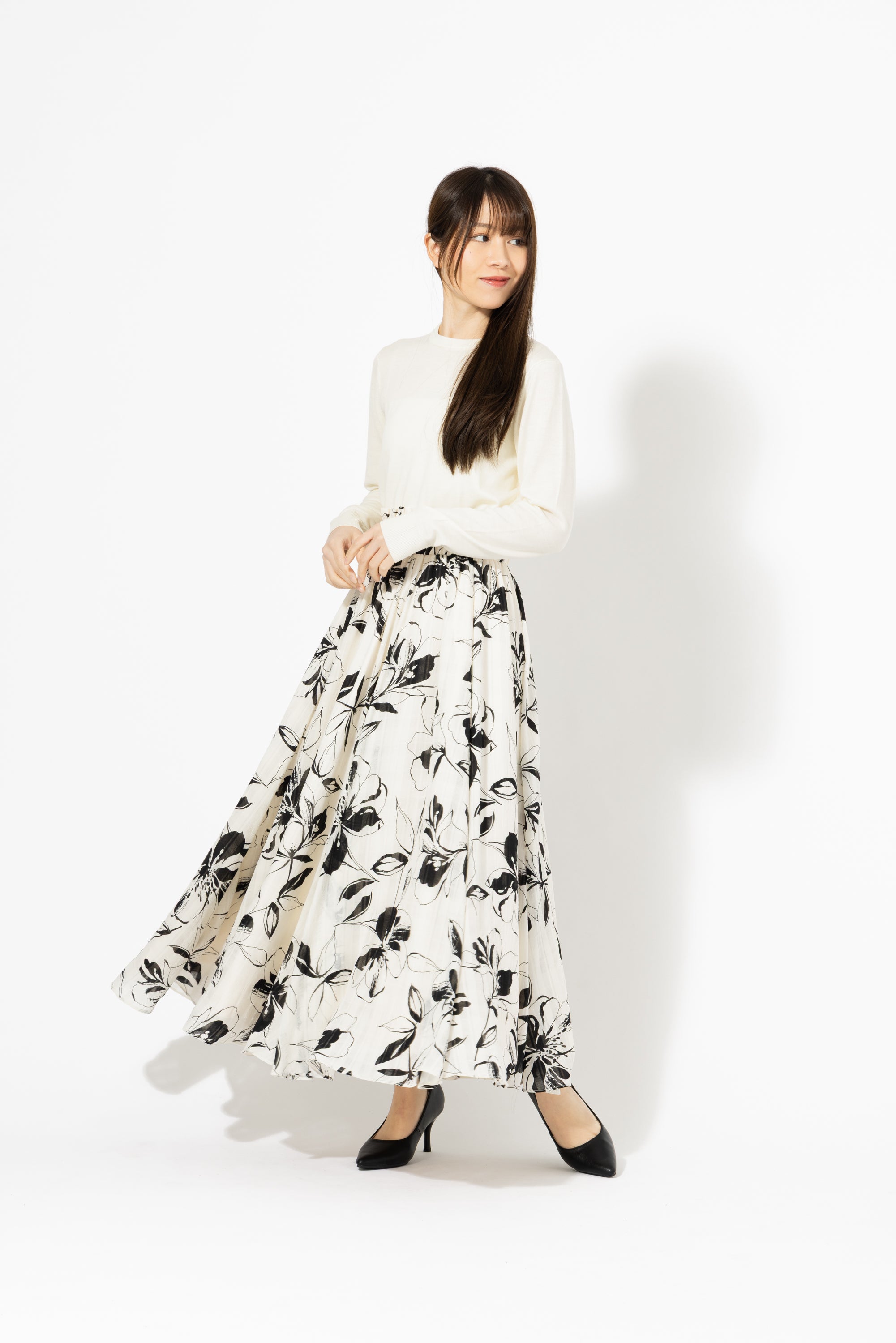 大柄フラワープリント フレアロングスカート
