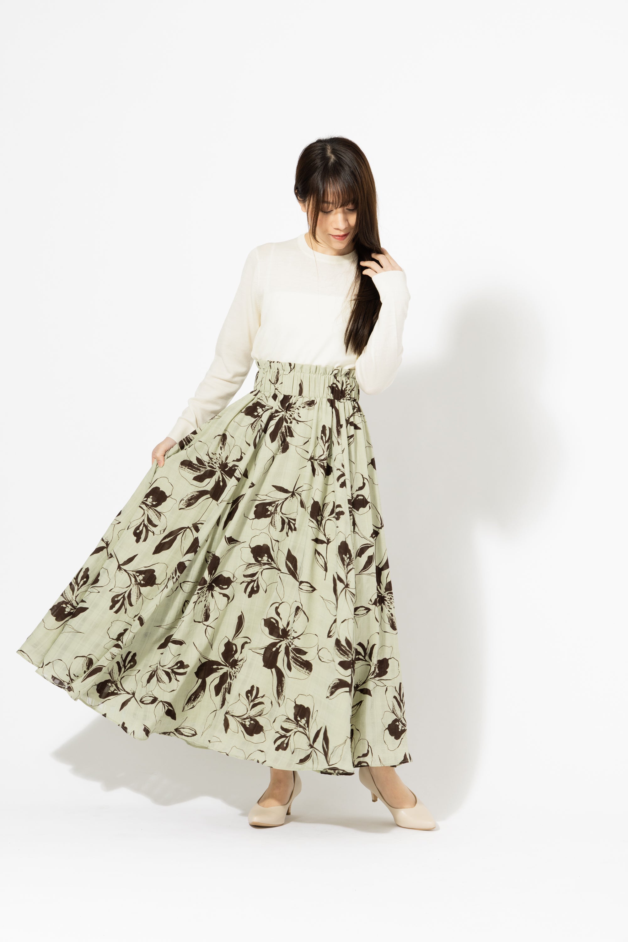 大柄フラワープリント フレアロングスカート