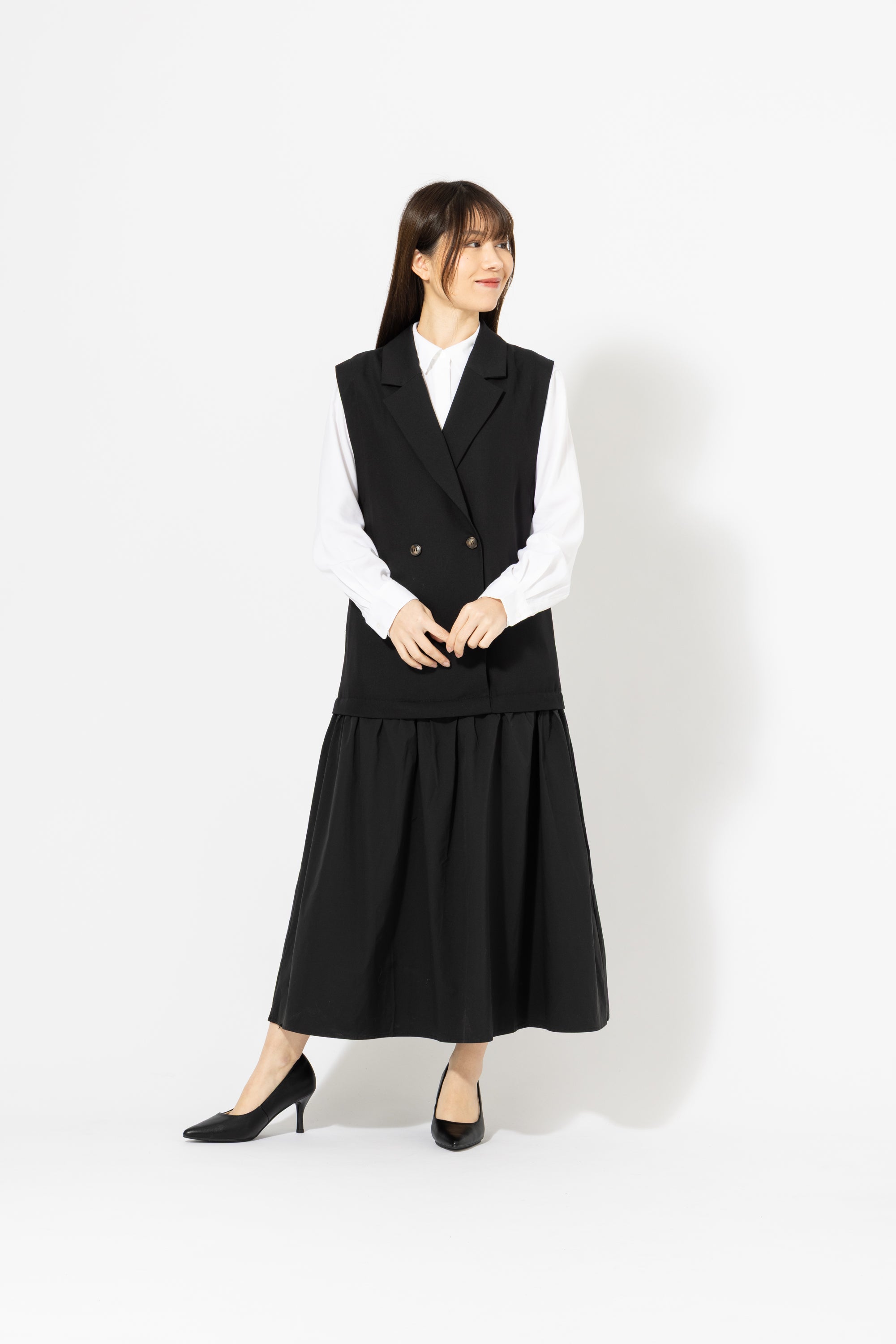 切替ギャザー テーラードジャンパースカート