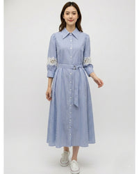 袖レース切替 ストライプ シャツワンピース